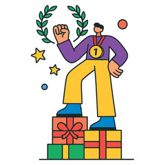 Vector illustration of a proud winner standing on gift boxes, wearing a gold medal with number one, surrounded by stars and laurel. Celebration of success and achievement.