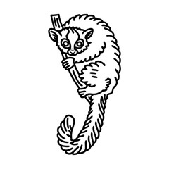 Black line art tarsier clinging to a branch on white background