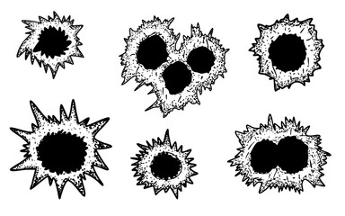 Realistic Bullet mark holes from a firearm in a metal plate set bundle doodle