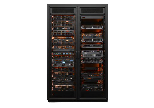 server racks filled with electronic equipment and glowing lights isolated on transparent background