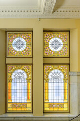 Heritage colonial stained glass window in the Old City Hall building, Toronto, Canada