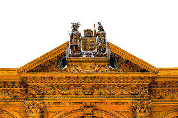 Colonial coat of arms and a wood structure in the Old City Hall heritage building, Toronto, Canada