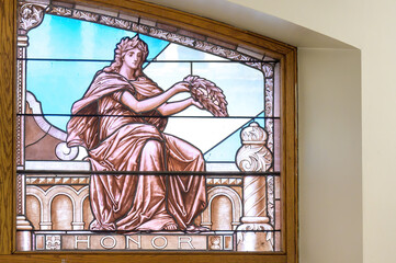 Heritage colonial stained glass window in the Old City Hall building, Toronto, Canada
