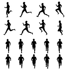 Running jogging side front and back view silhoettes with different poses