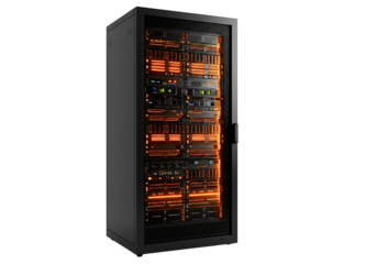 server racks filled with electronic equipment and glowing lights isolated on transparent background