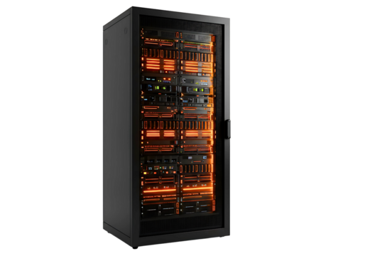server racks filled with electronic equipment and glowing lights isolated on transparent background - Powered by Adobe
