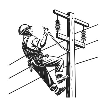 Electric Lineman Working on Utility Pole Silhouette Vector


