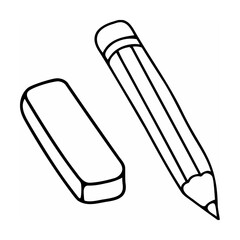 Black and white line art of a pencil and eraser on white background