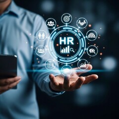 A person holds a tablet and extends their other hand, revealing a central "HR" icon with a bar graph and magnifying glass, surrounded by a ring of interconnected human resources-related icons.
