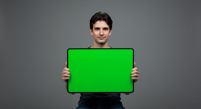 Confident Man Holds Up a Vibrant Green Screen for Your Message