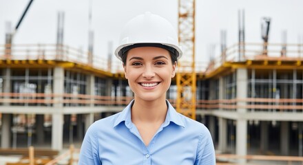 A confident female architect wearing a white hard hat smiles at a construction site with a modern building framework in the background, symbolizing leadership in engineering.