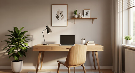 Modern interior design features a luxurious living room and office space with stylish furniture, including a wooden table, comfortable chairs, and elegant lamps, all set within a beautifully decorated