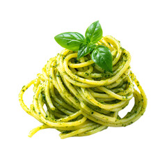 Delicious Pesto Spaghetti Elegantly Arranged With Fresh Basil Leaves On Bright White Background