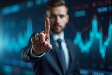 Businessman pointing, show forefinger hand, digital data center background, tech concept