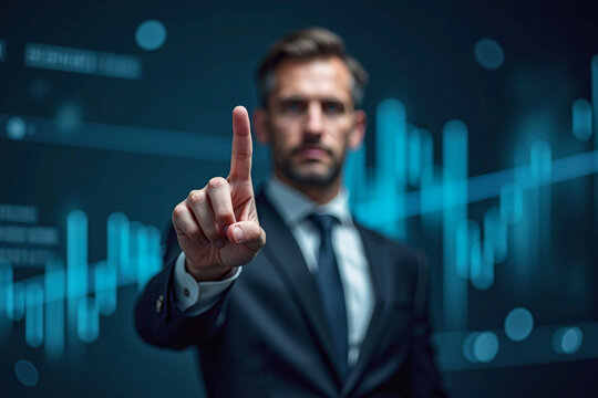 Businessman pointing, show forefinger hand, digital data center background, tech concept