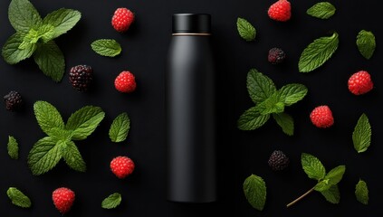 Black insulated bottle surrounded by fresh mint and berries