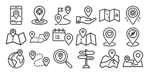 Collection of modern outline icons representing navigation travel and location services including maps phones and destinations