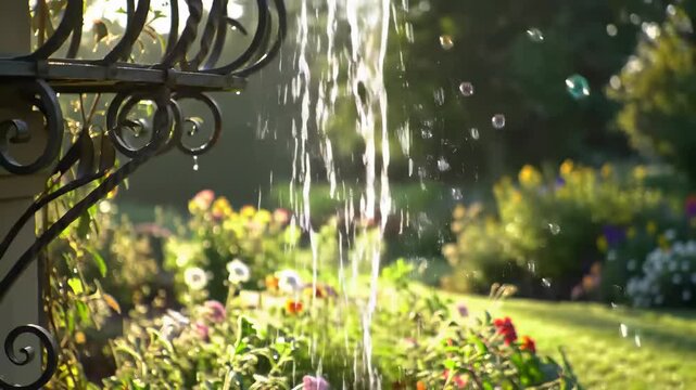 Water feature in flower garden daylight shot for design or editorial use