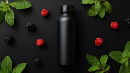 Black bottle surrounded by fresh mint leaves and berries