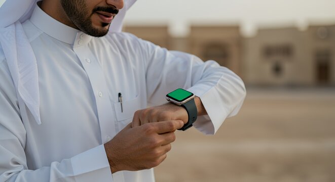 Modern Man in Traditional Dress Checks His Smartwatch in the Desert Sun - Powered by Adobe