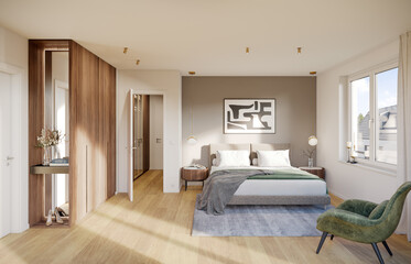 3D Rendering of a modern bedroom interior with a wardrobe.
