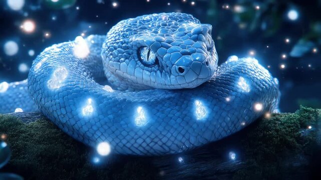 Fantasy blue snake with glowing light spots coiled  
