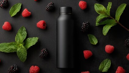 Black insulated water bottle surrounded by fresh raspberries, blackberries, and mint leaves on a dark background