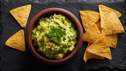 Guacamole dip served with tortilla chips on a dark slate surface, overhead angle