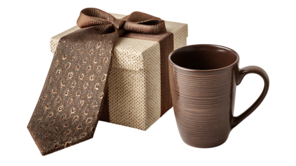 Father's Day celebration objects including gift box, tie, and coffee mug, isolated on white background.