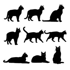 Beautiful and attractive collection of black cat silhouettes in various poses isolated on white background