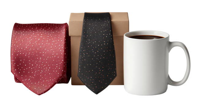 Father's Day celebration objects including gift box, tie, and coffee mug, isolated on white background.