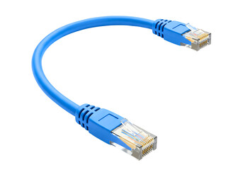 Blue ethernet network cable with rj45 connectors isolated on transparent background