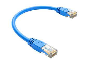 Blue ethernet network cable with rj45 connectors isolated on transparent background