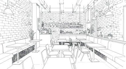 Line art vector illustration of modern cafe interior design for decor and prints