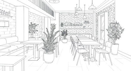 Modern cafe interior design vector illustration in line art for print and decoration © Mark