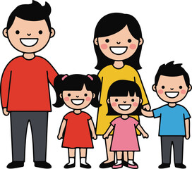 Cartoon couple with three children in colorful outfits