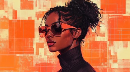 African woman wearing sunglasses and a neck scarf on a textured orange background. Space for text.