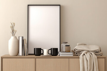 Blank framed poster on light wood console