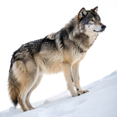 Fototapeta premium A powerful gray wolf stands on a snowy hill, isolated on transparent background