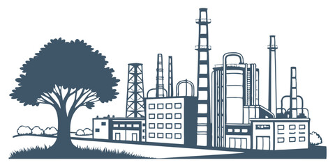 Obraz premium Factories silhouette outline with tree shadows background in blue monochrome isolated illustration.