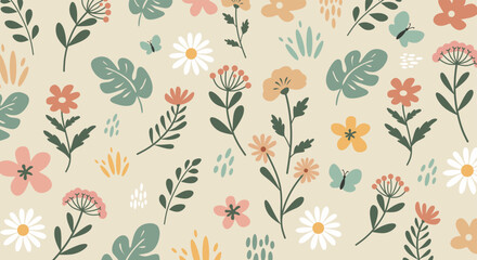 Floral pattern beige background featuring colorful stylized flowers and butterfly illustrations