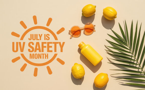 UV Safety Awareness: An eye-level shot of summer essentials. Sunglasses, sunscreen, lemon and palm leaf arrangement. Promoting UV safety tips in a flatlay.