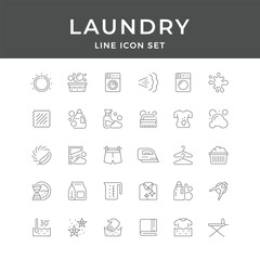 Laundry Line Icon Set – Washing, Clothes, Detergent, Iron, Basket, Clean, Dry, Minimal Vector Collection