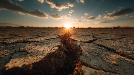 Wide shot of cracked earth in an empty field under a blazing sun during a drought, cinematic warm lighting, showing desolation, realistic textures and soil cracks.