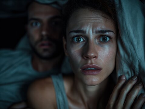 Night Terror: A woman's face, etched with fear and wide eyes, dominates the frame as she clutches a man in the background, both shrouded in darkness and the implication of a shared nightmare. 