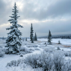 Obraz premium Frozen tundra with snow-covered trees stretching into a white wilderness under a pale winter sky 
