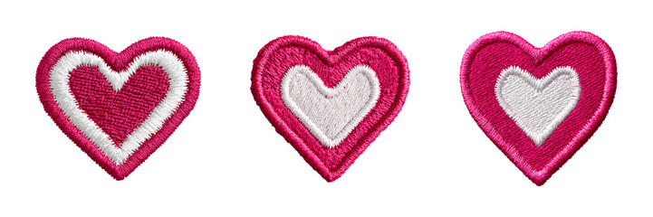 Set of Pink heart embroidery patch isolated on transparent background, in PNG format, cut out