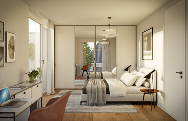3D Rendering of a modern bedroom interior with a wardrobe.