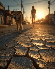 Woman walking a dog on a cracked sidewalk during a heatwave, cinematic warm lighting with summer glare,  storytelling moment showing determination, realistic textures and dust in air