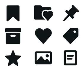 Modern Folder Icon Set. Flat icon set of saved post folder mockup: bookmark tab, folder icon, saved heart, pin